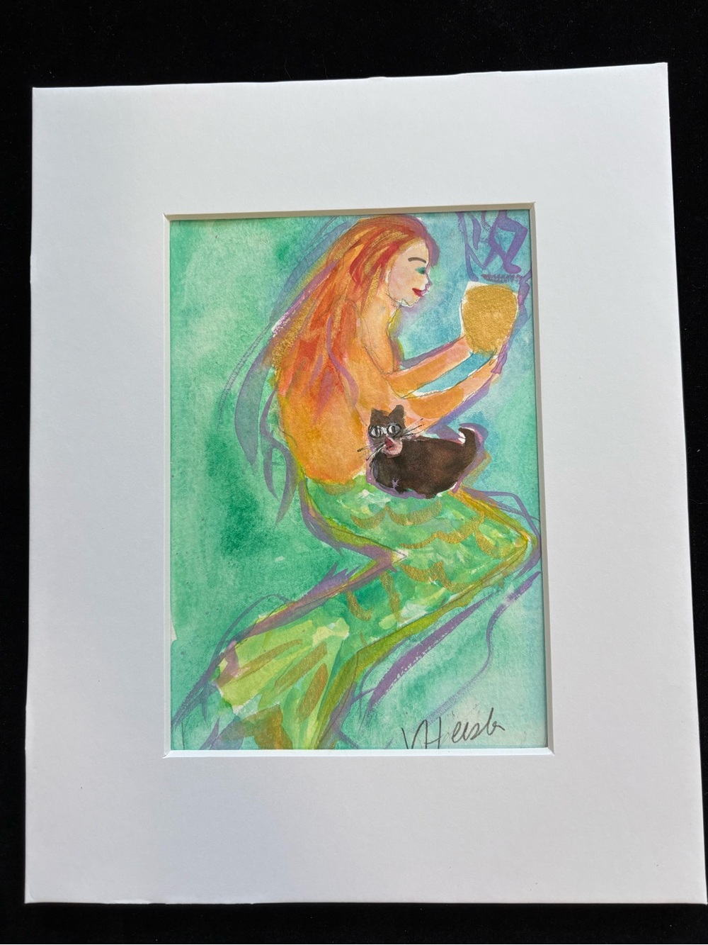 Mermaid & Cat“”An Original Watercolor Painting Matted 5"x7" Victoria Heisler Art